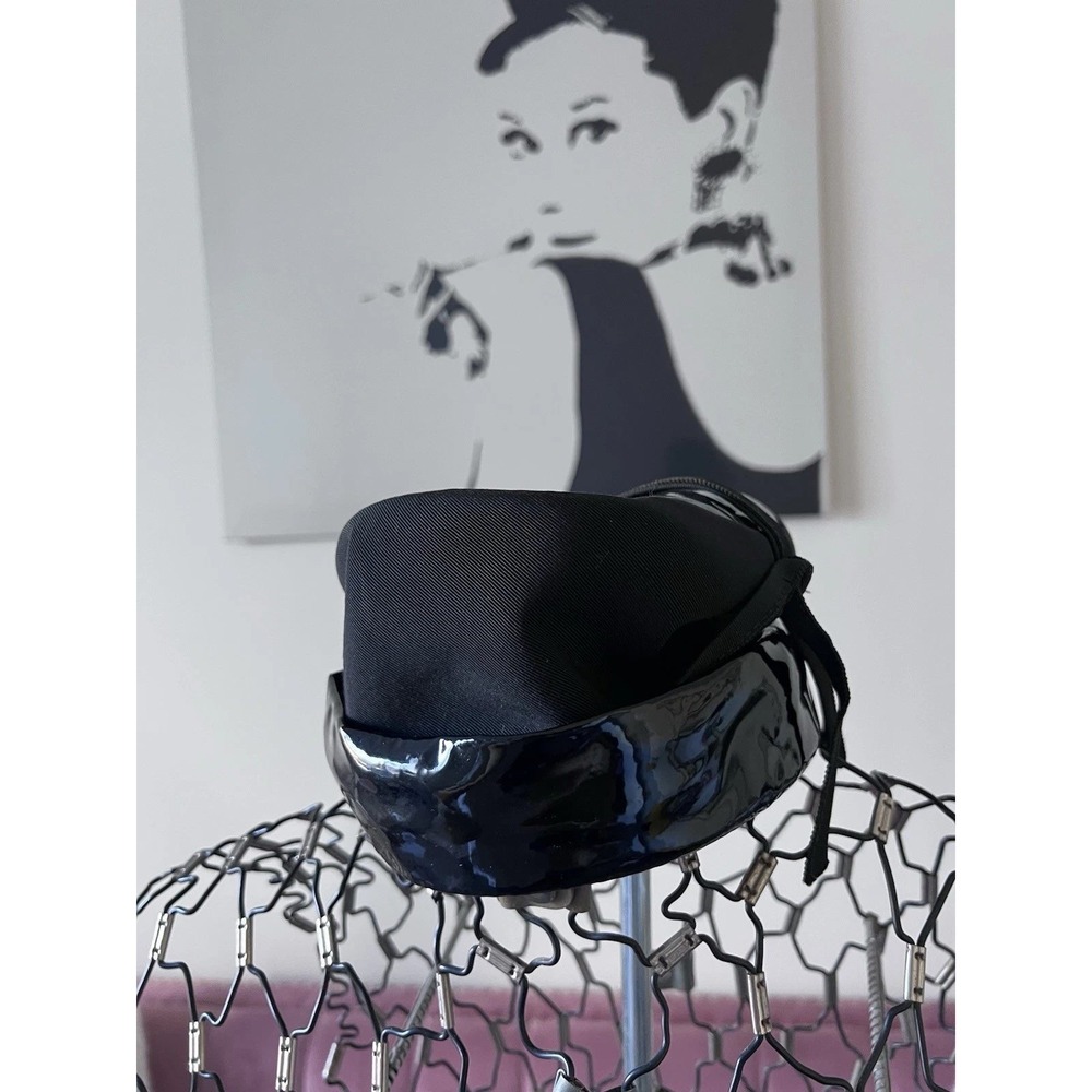 Vintage Black Pillbox Hat Patent Vinyl Faille Union Made Retro Mid Century 1960s